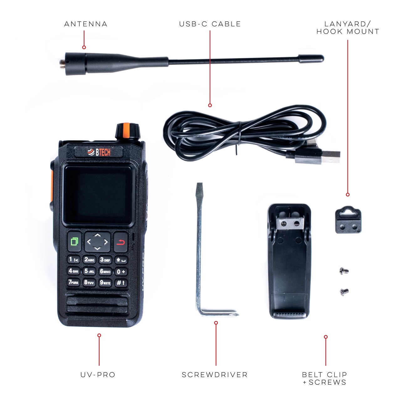 Black UV-PRO radio and included package hardware arranged on white