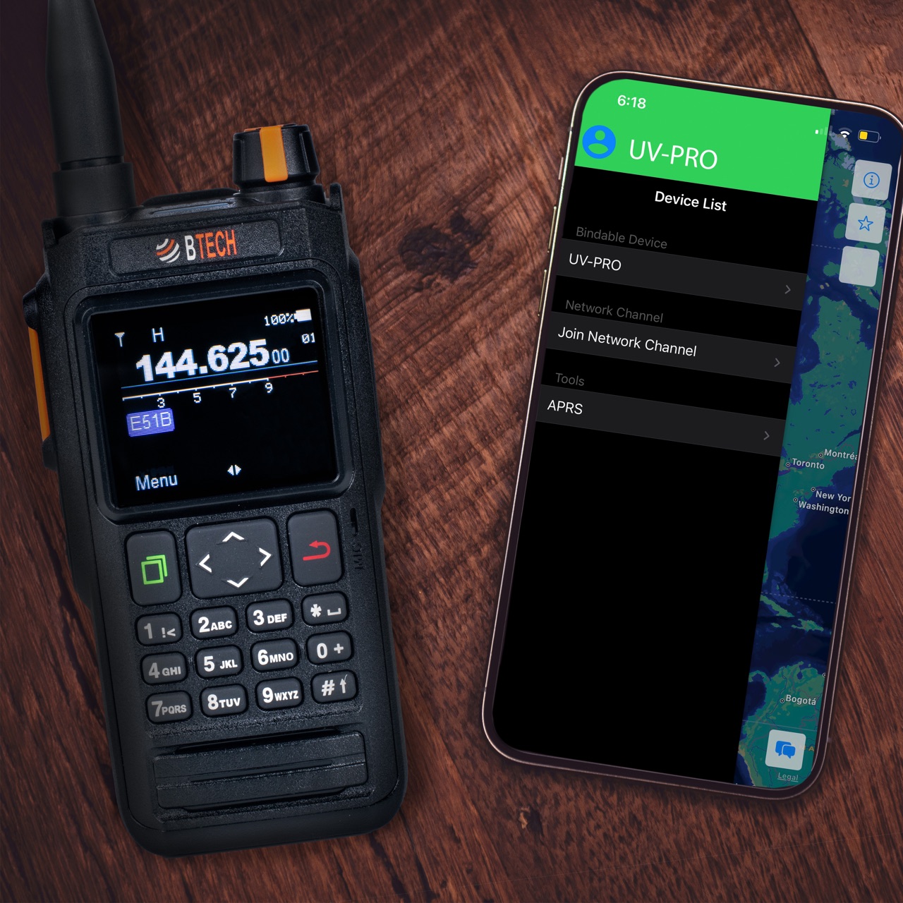 UV-PRO beside a phone running BTECH UV Programmer