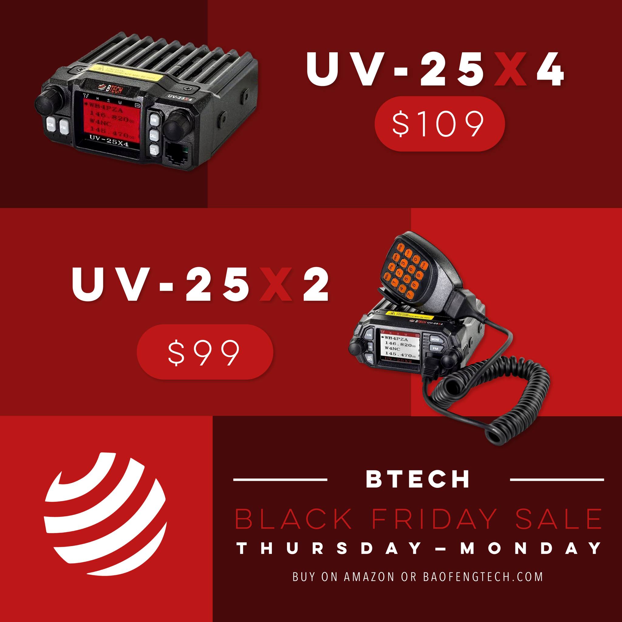 These are the lowest prices you are going to find for the UV-25X2 and the UV-25X4. Starting at $99, you will regret missing out on a deal like this.  #blackfriday #sale #deals #uv #uv25x #radio #hamradio #mobileradio #mobile #onthego #prep #survival #btech #holidays