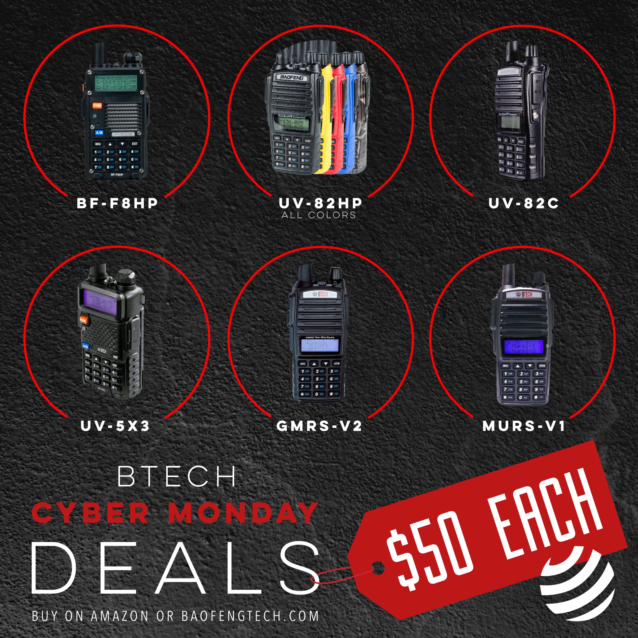 $50 for a number of handheld radios: BF-F8HP, UV-82C, UV-82HP, UV-5X3, GMRS-V2, and MURS-V1. Deals last through Monday, so get yours now!

Plus a few surprise items on sale : baofengtech.com/store 

 #UV #gmrs #murs #handheld #radio #sale #blackfriday #deals #prep #gifts #holidays #hamradio #survival #outdoors #adventure #tech #CyberMonday
