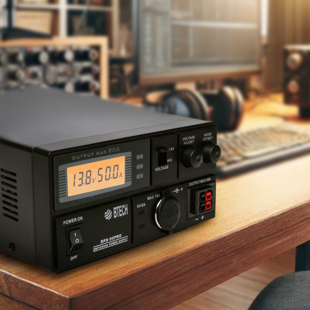 BTECH RPS-50PRO 13.8V DC power supply on a workbench