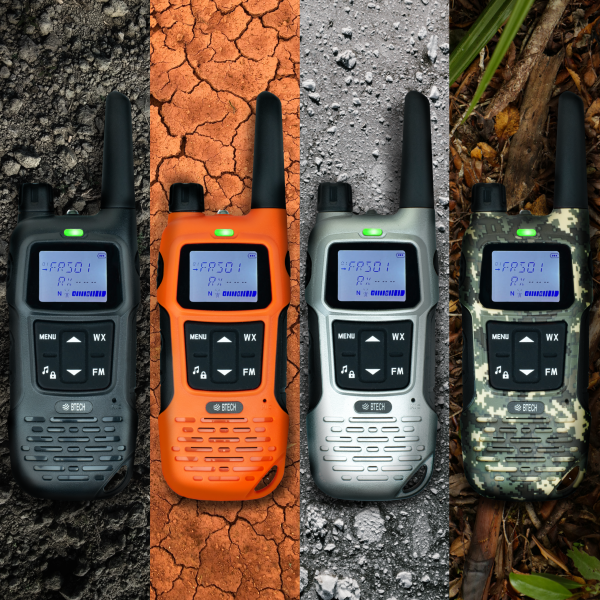 Four BTECH FRS-A1 handheld radios in outdoor colorways
