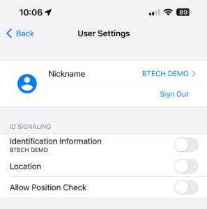 Screenshot of the 'User Settings' menu in the BTECH GMRS Programmer app, displaying toggle options for 'Identification Information', 'Location', and 'Allow Position Check'.