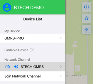Screenshot of the BTECH GMRS Programmer app showing the user profile interface with the 'BTECH DEMO' owner profile highlighted at the top of the screen, indicating where users can tap to customize their profile settings.