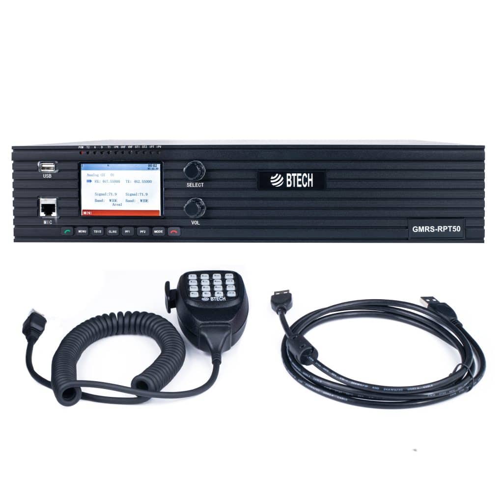 BTECH GMRS-RPT50 repeater with included hand microphone and programming cable