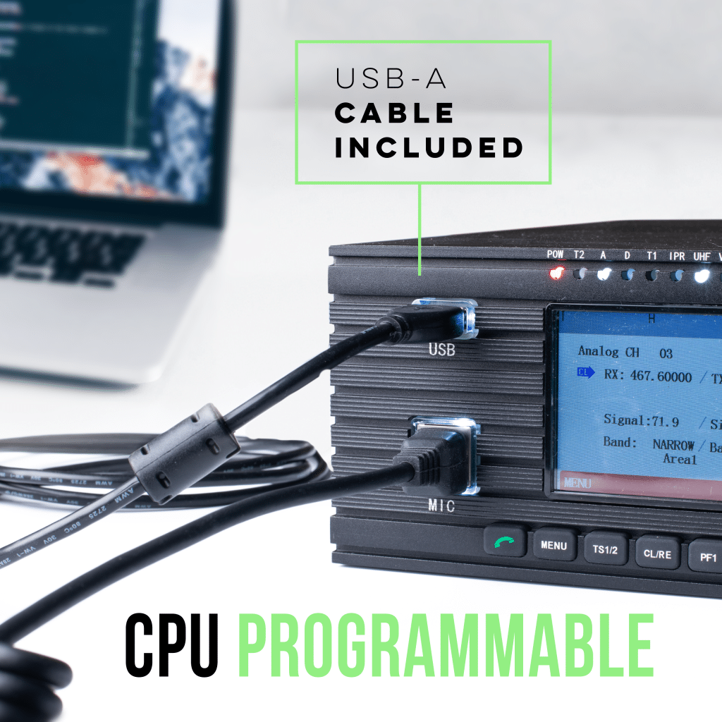 GMRS-RPT50 connected to a computer with the included USB programming cable