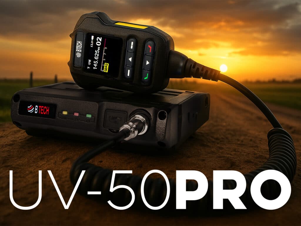BTECH UV-50PRO mobile radio on the road at sunset