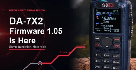 BTECH DA-7X2 handheld radio beside the headline DA-7X2 Firmware 1.05 Is Here