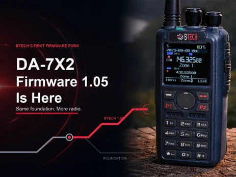 BTECH DA-7X2 handheld radio beside the headline DA-7X2 Firmware 1.05 Is Here