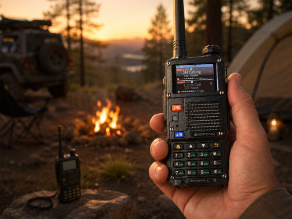BaoFeng BF-F8HP PRO tri-band amateur radio at a campsite
