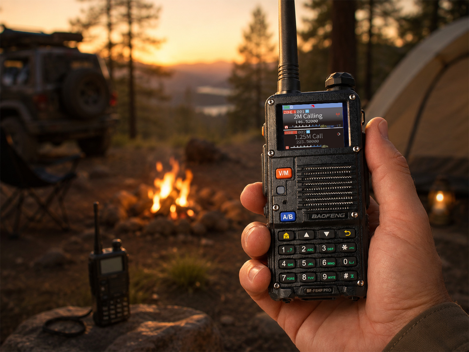 BaoFeng BF-F8HP PRO tri-band amateur radio at a campsite