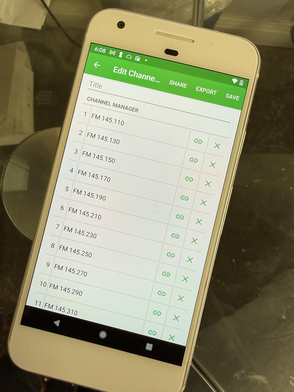Android BTECH app Edit Channel Group screen with Share, Export, and Save controls