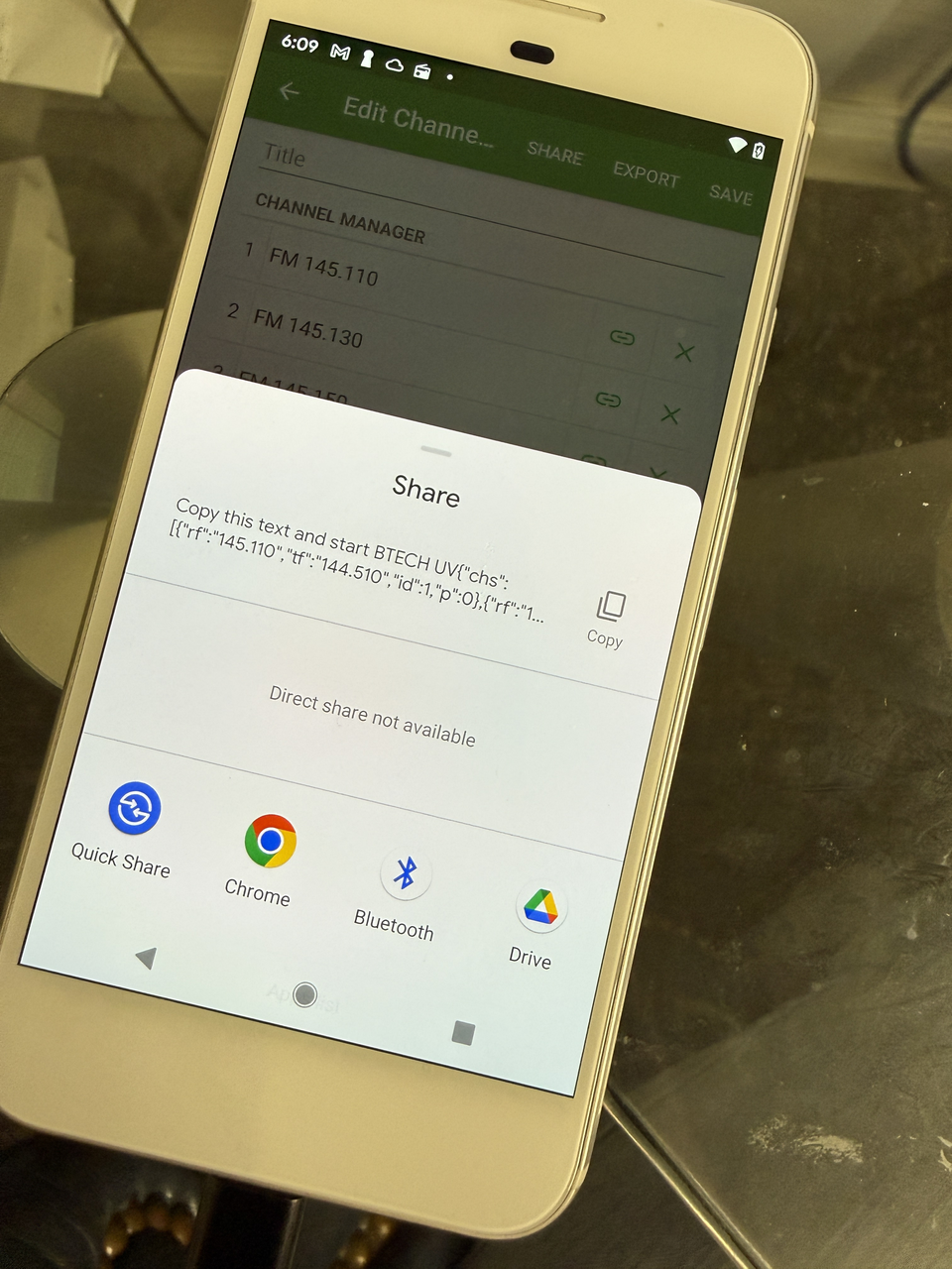 Android BTECH app share sheet showing a copyable channel-group code and sharing options