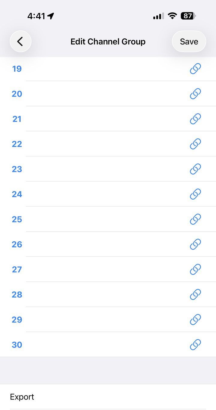 iOS Edit Channel Group showing channel positions 19 through 30 and Export