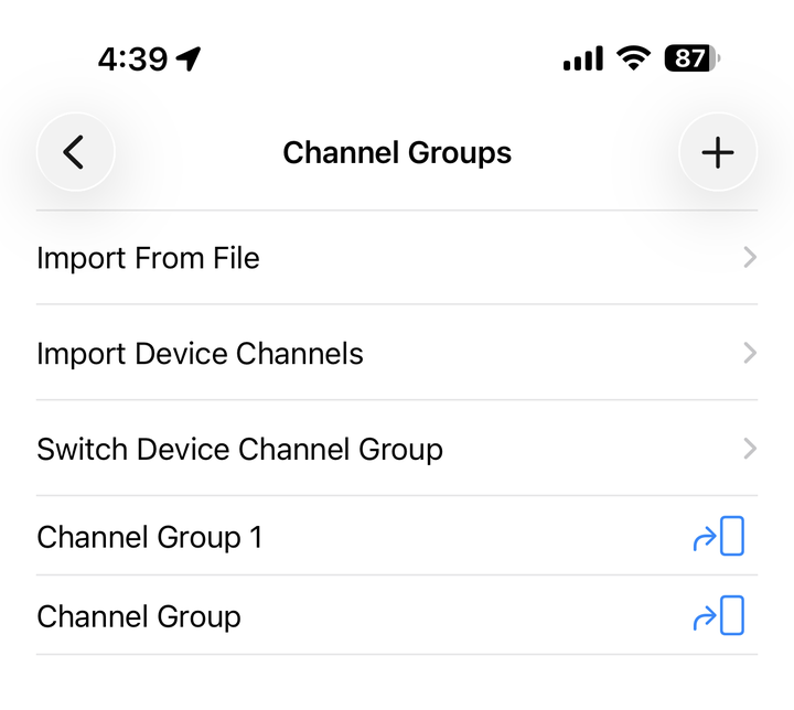 iOS Channel Groups showing Import From File, Import Device Channels, and two saved groups