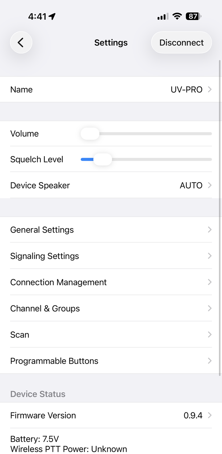iOS Settings showing connected UV-PRO, Channel & Groups, and firmware version 0.9.4