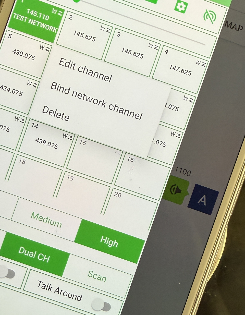 Android UV-PRO channel menu showing Edit channel, Bind network channel, and Delete