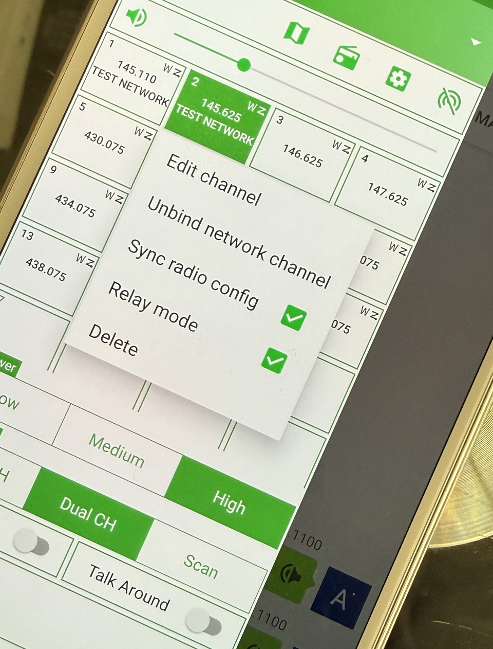 Android bound-channel menu showing Unbind network channel, Sync radio config, and Relay mode on
