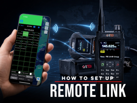 BTECH hero showing a smartphone beside BTECH radios and the words How to Set Up Remote Link