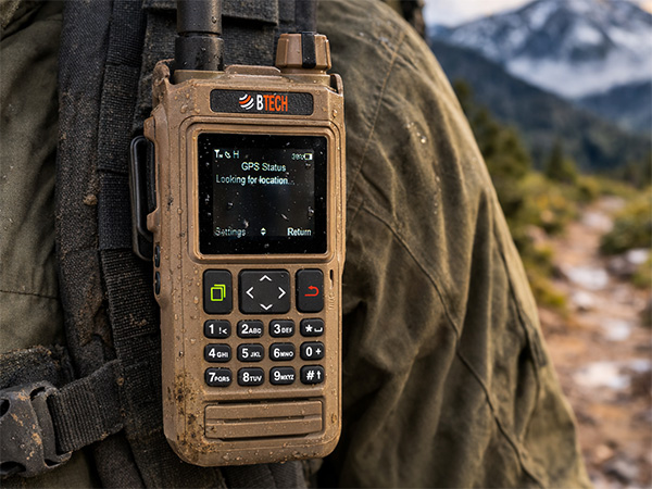 BTECH UV-PRO GPS radio attached to an outdoor backpack