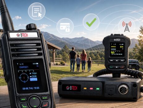 BTECH GMRS-PRO handheld and GMRS-50PRO mobile radio illustrating the online GMRS licensing process